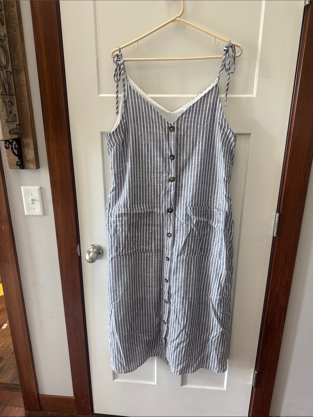 Gilli Blue and White Striped Button-Front Midi Dress with Tie Straps